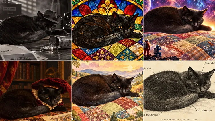 Koláž černé kočky v šesti stylech; nápisy COLD CASES, SARDINES a Purr Mechanism