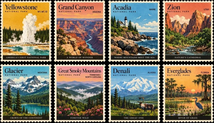 Známky Yellowstone National Park, Grand Canyon, Acadia, Zion, Glacier, Great Smoky Mountains, Denali a Everglades.