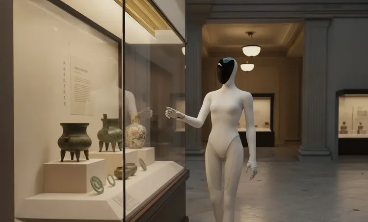 Humanoidní robot XPeng Iron kráčí muzeem kolem vitrín s historickými artefakty a čínskými popisky.