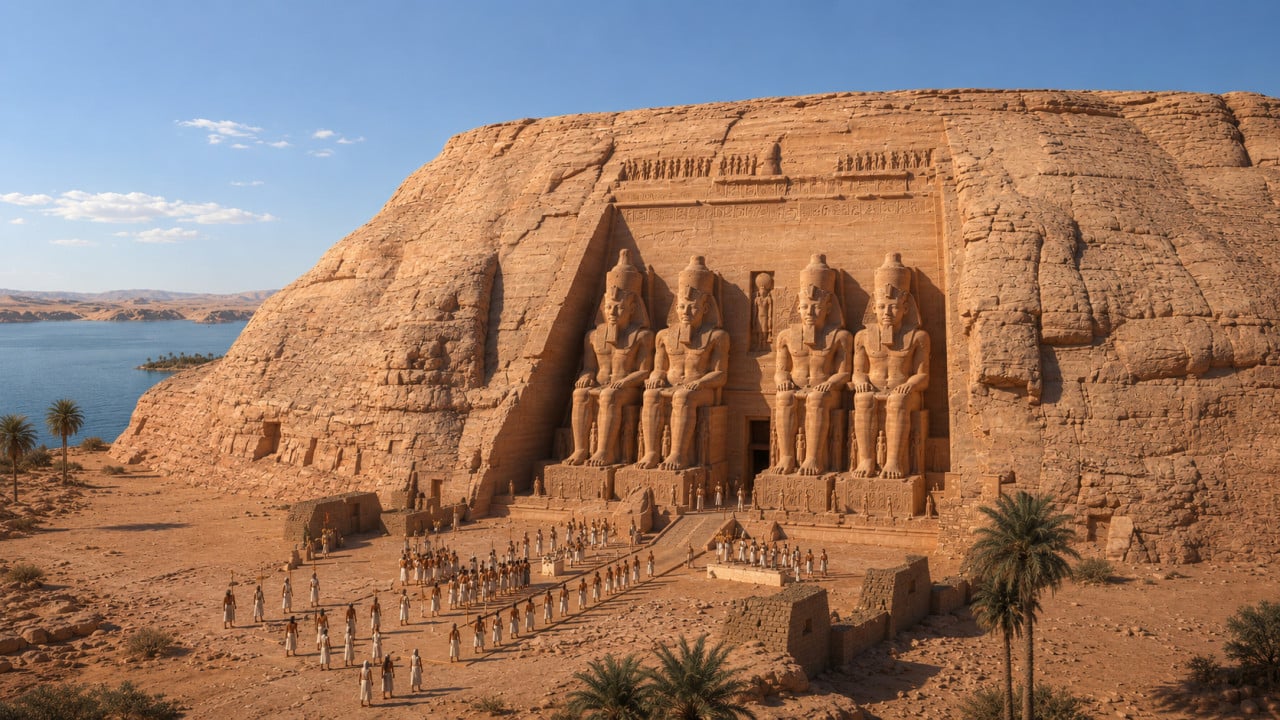 Chrám Abu Simbel s obřími sochami, návštěvníky a Násirovým jezerem v poušti