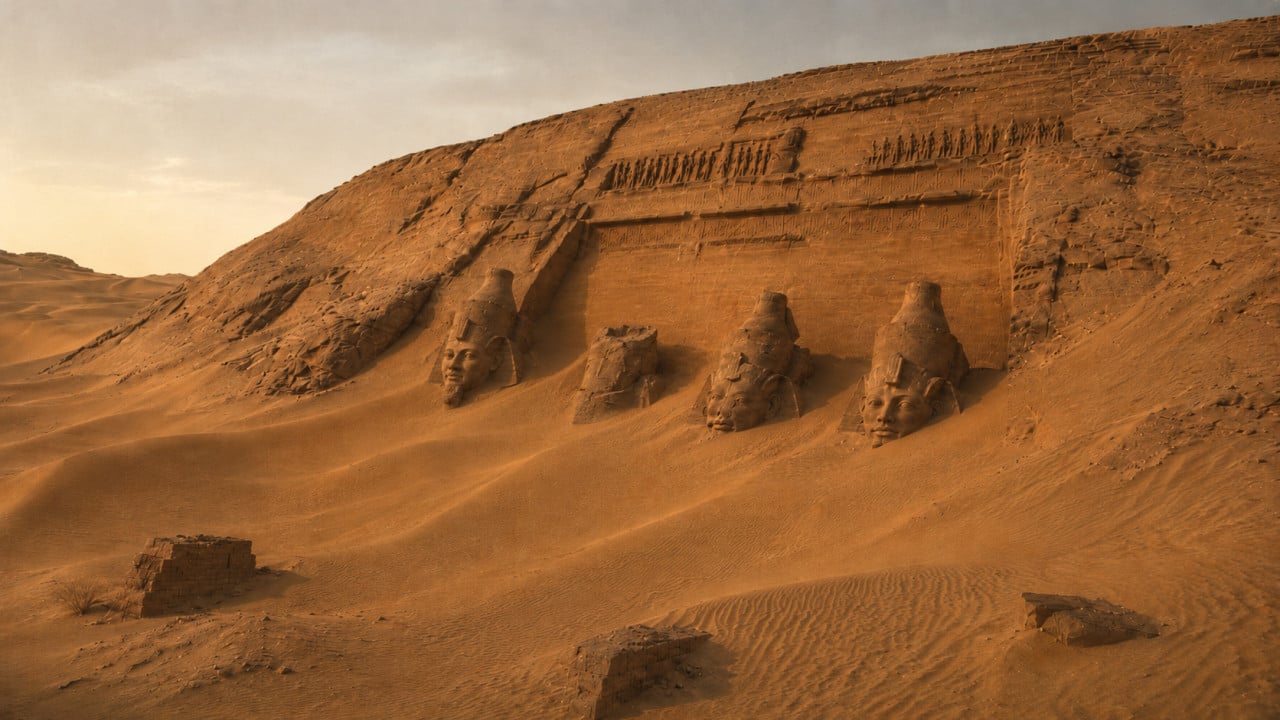 Chrám Abu Simbel částečně zasypaný pouštním pískem při svítání