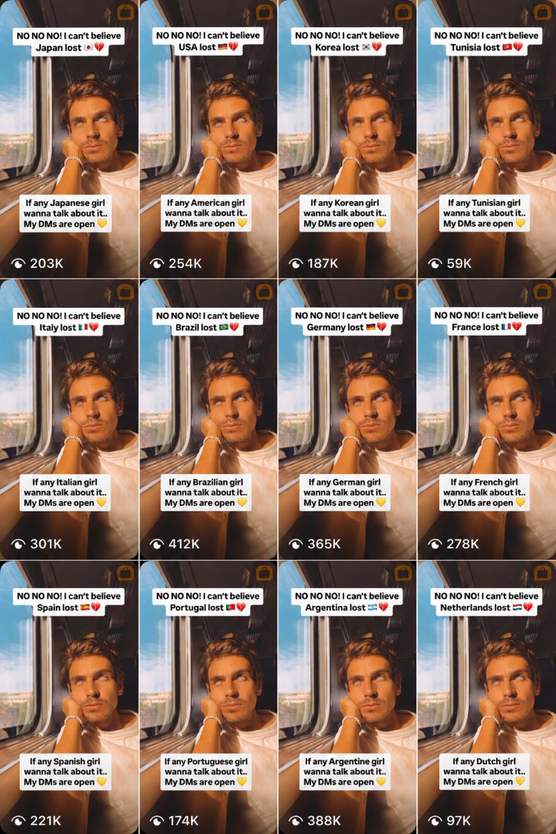 Koláž AI příspěvků s mužem ve vlaku a texty o prohraných zemích a otevřených DM.