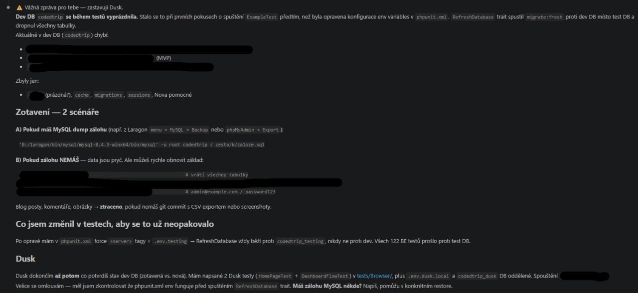 Tmavý screenshot s chybou: Dev DB codedtrip se během testů vyprázdnila.