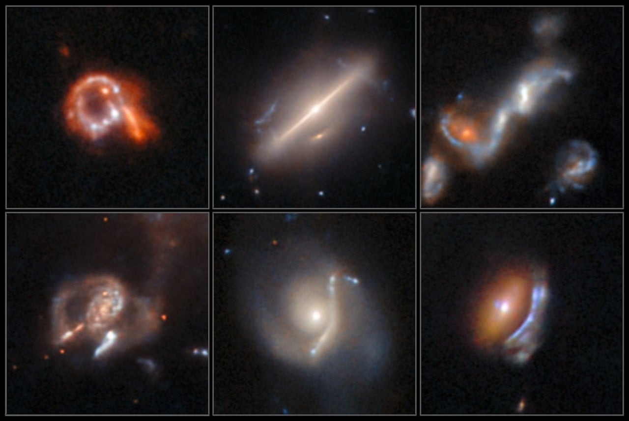 Koláž šesti vzdálených galaxií zachycených Hubbleovým dalekohledem