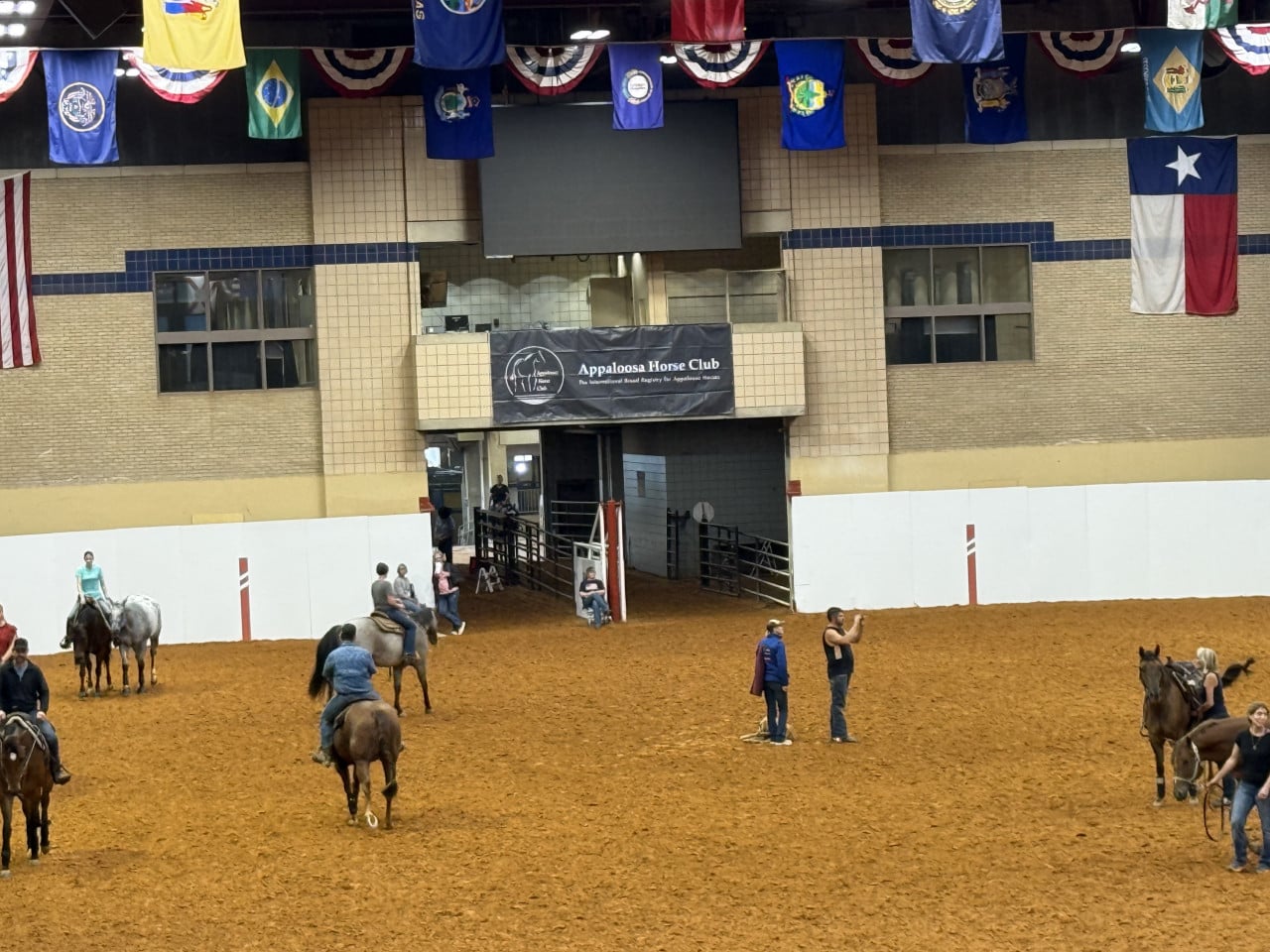 Vnitřní jezdecká aréna s jezdci na koních a nápisem Appaloosa Horse Club.