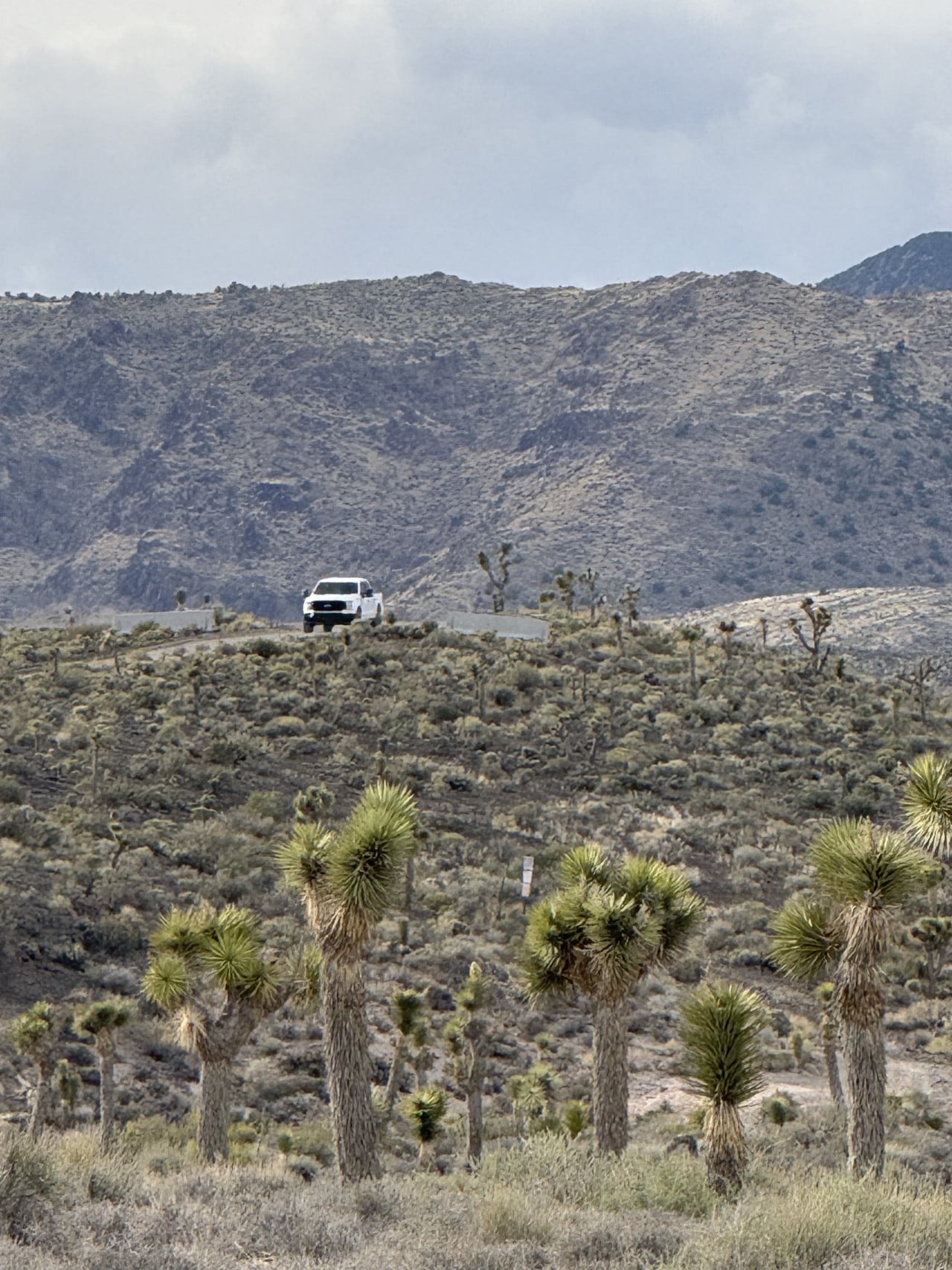 Bílý pickup na prašné cestě v nevadské poušti s kopci v pozadí