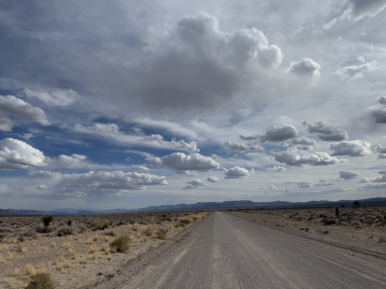 Prašná cesta v nevadské poušti pod dramaticky oblačnou oblohou a horami.