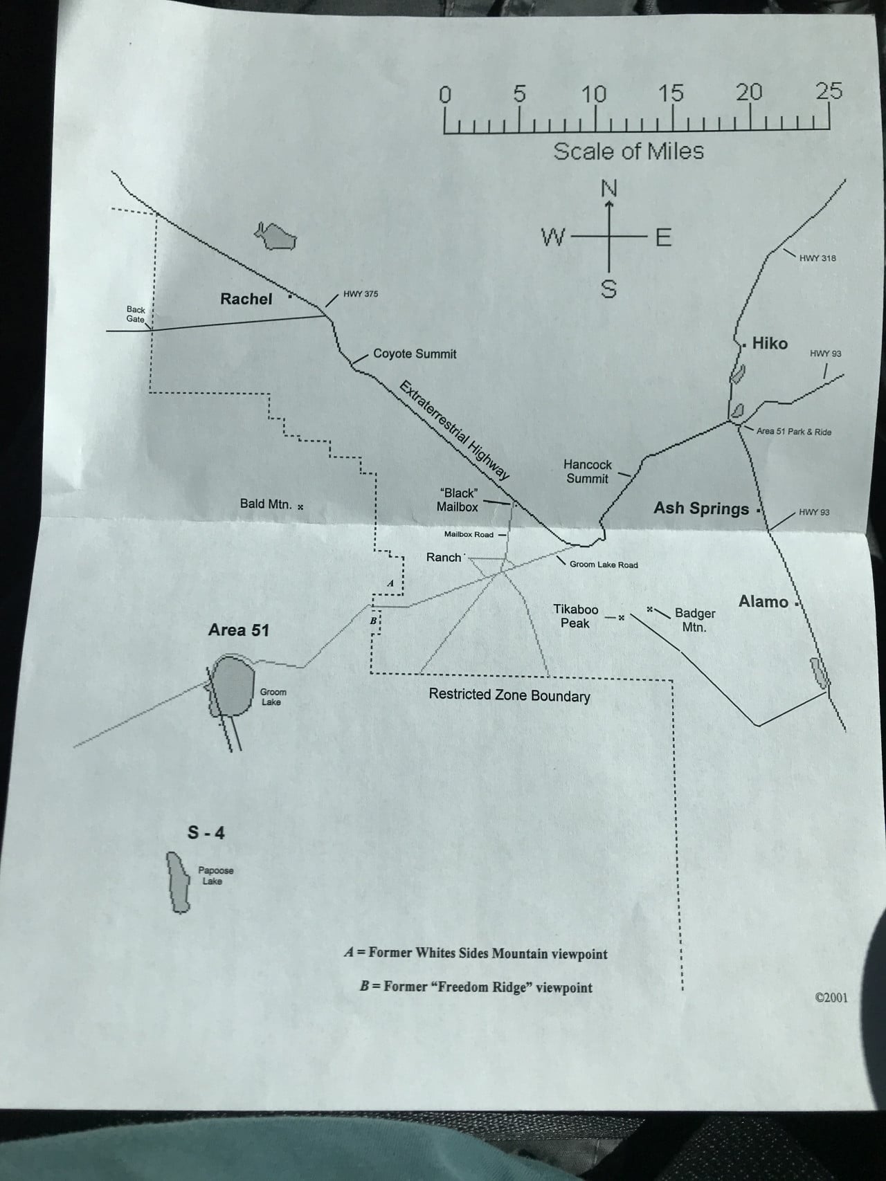 Mapa Area 51, Rachel, Extraterrestrial Highway a okolních míst v Nevadě