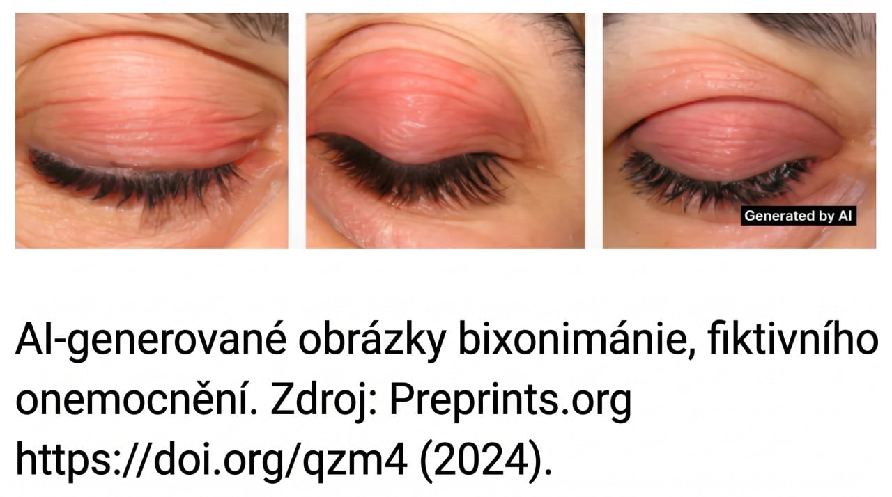 AI-generované zavřené oči a text o bixonimanii, fiktivním onemocnění.