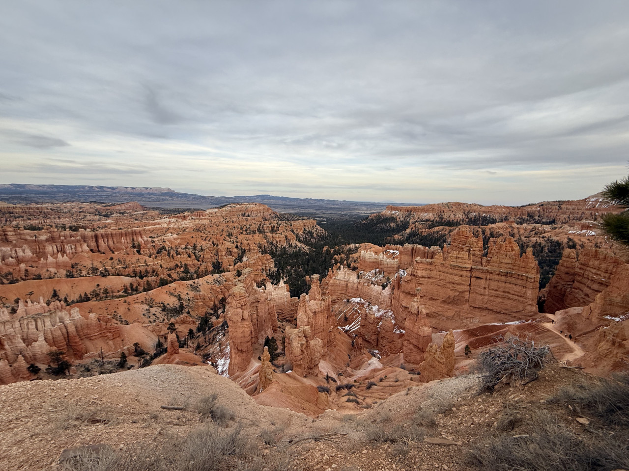 Panoramatický výhled na červené skalní věže Bryce Canyonu pod zataženou oblohou