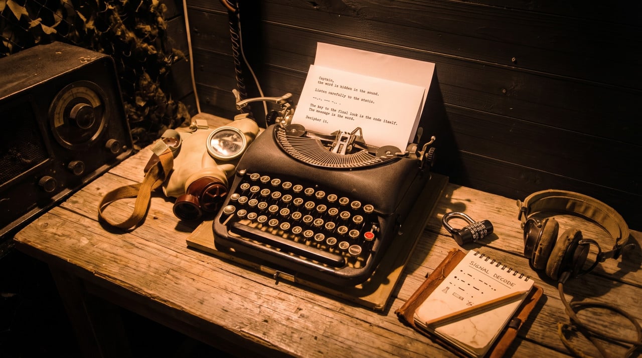 Retro psací stroj, plynová maska, sluchátka a šifrovací poznámky na dřevěném stole.