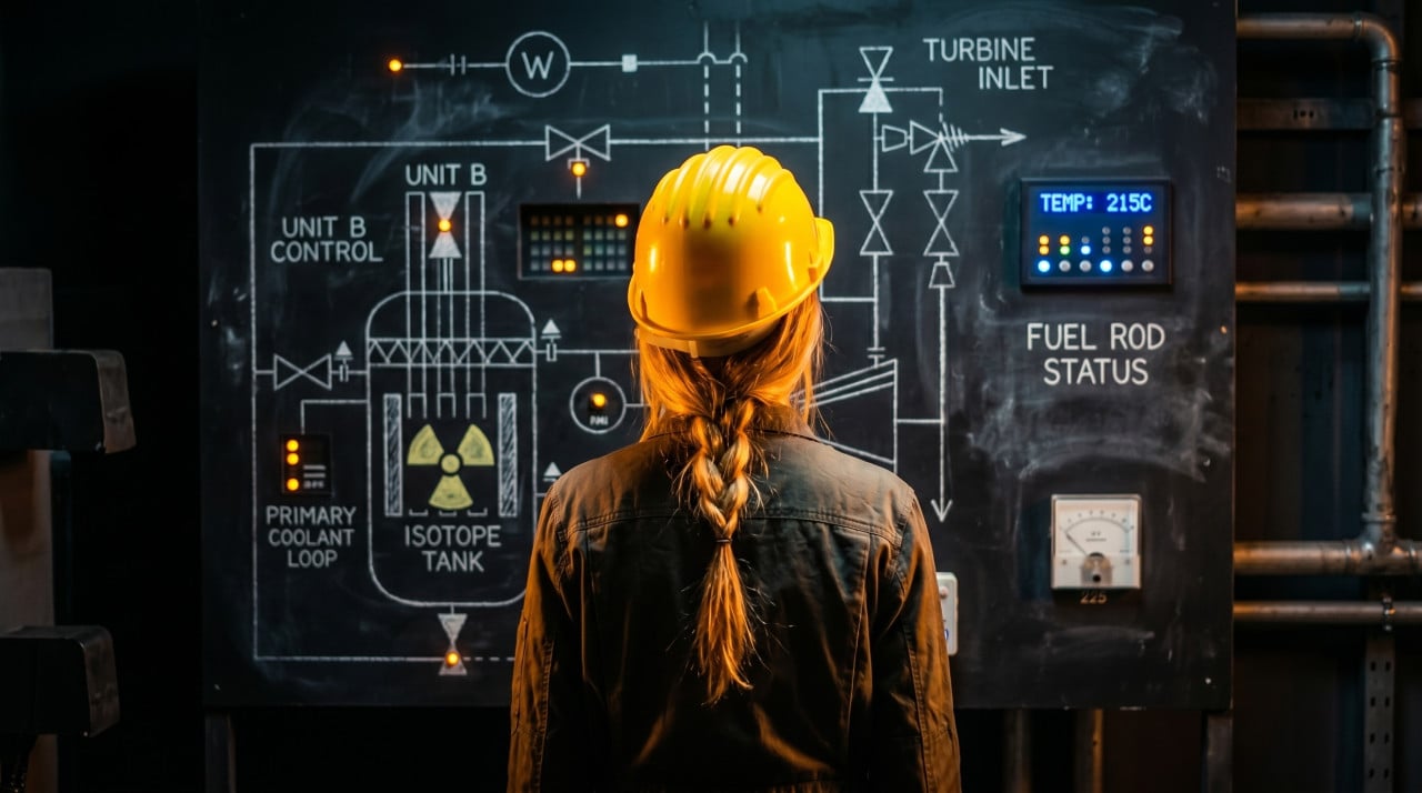 Osoba v helmě před technickým panelem s nápisy TEMP 215C a FUEL ROD STATUS