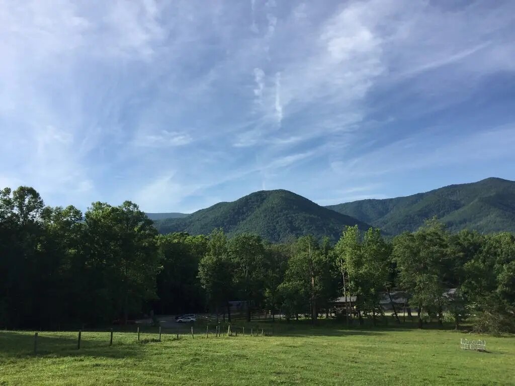 Zelená louka s lesem, v pozadí hřebeny Smoky Mountains pod modrou oblohou