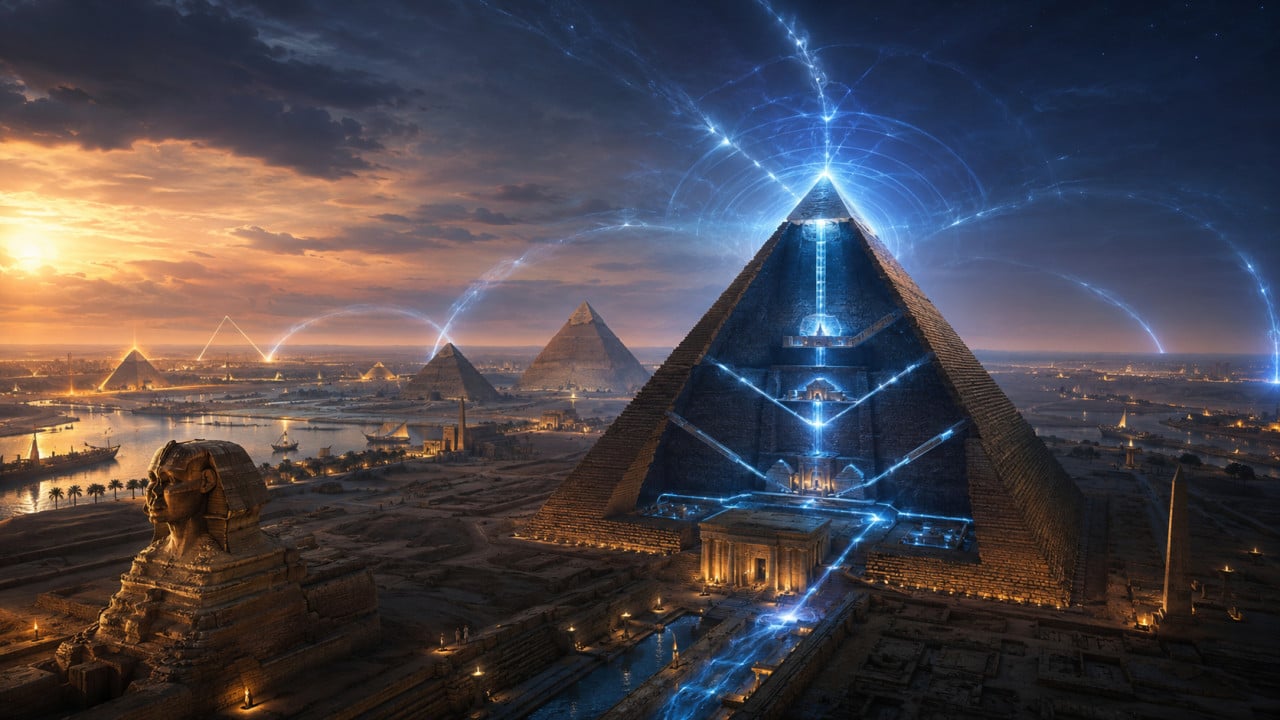 Fantazijní pohled na Cheopsovu pyramidu s modrými světelnými efekty při západu slunce