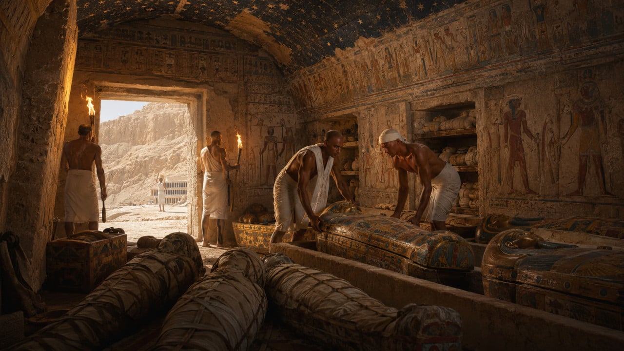 Malovaný egyptský hrob s mumiemi, kněžími a rakvemi, světlo z vchodu dovnitř