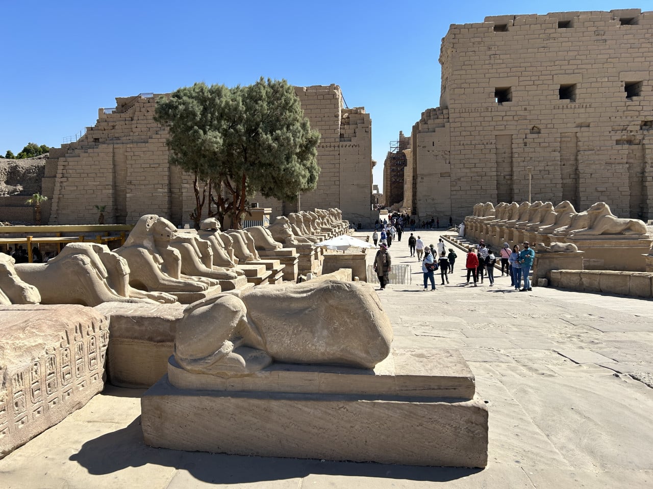 Alej sfing u vstupu do chrámu Karnak s turisty a pískovcovými zdmi.