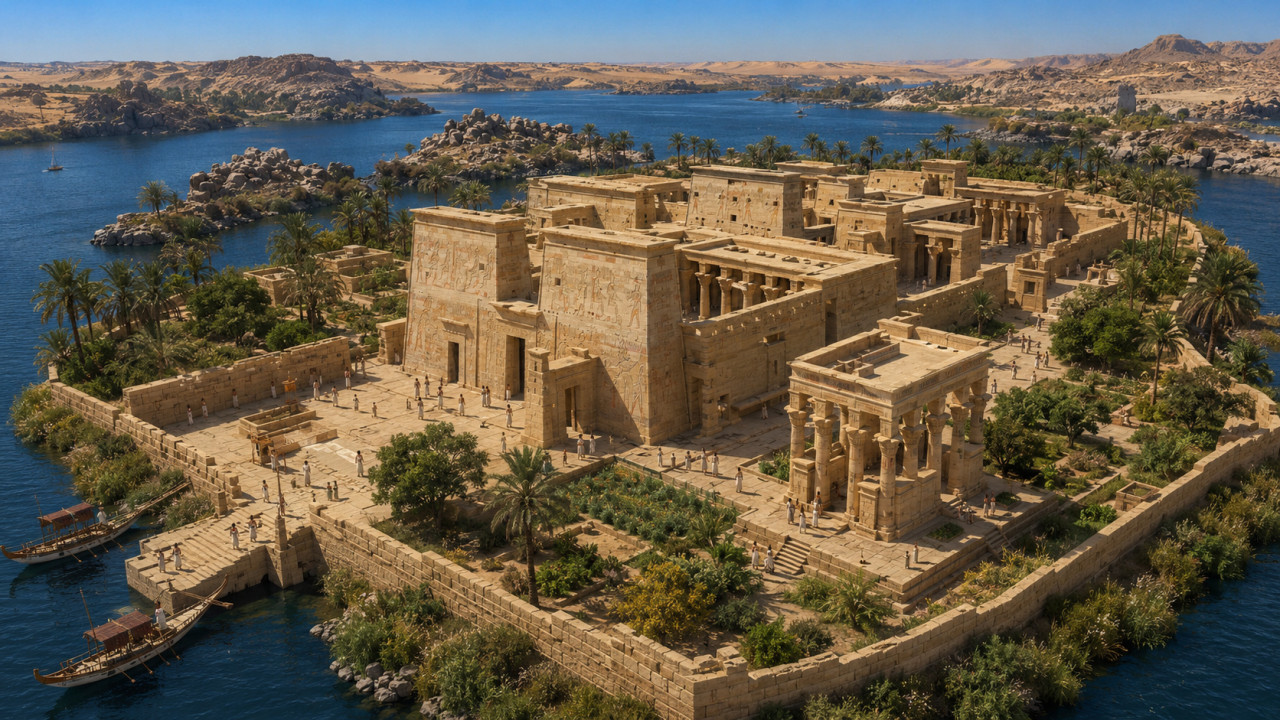 Letecký pohled na chrámový komplex Philae na ostrově obklopeném vodou a palmami