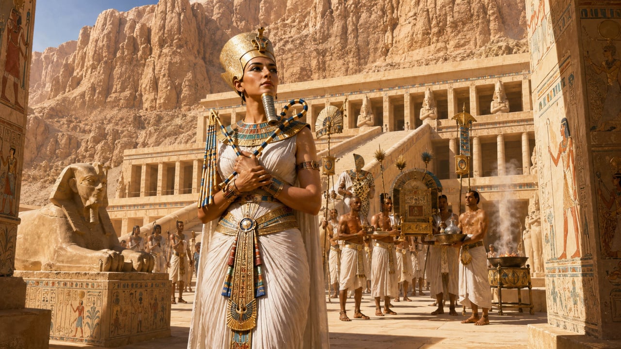 Hatšepsut v chrámu před egyptskými kněžími a sochou sfingy u skalního útesu