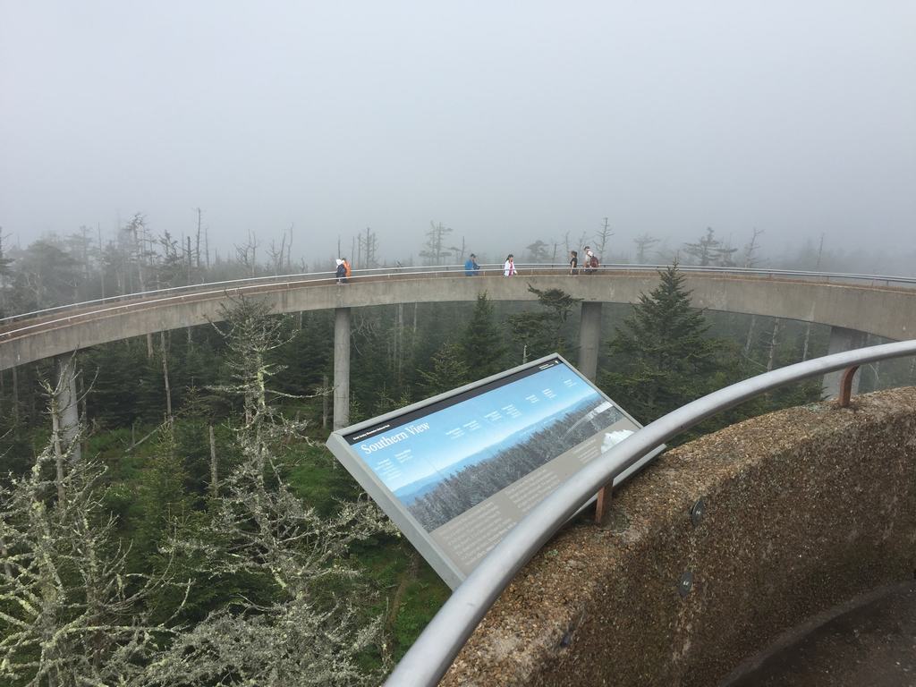 Mlhavý kruhový chodník na Clingmans Dome, lidé a panel Southern View