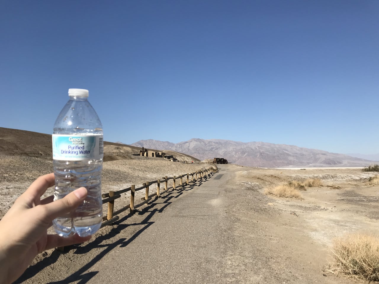 Ruka drží láhev vody před cestou v poušti Death Valley, horské panorama v pozadí