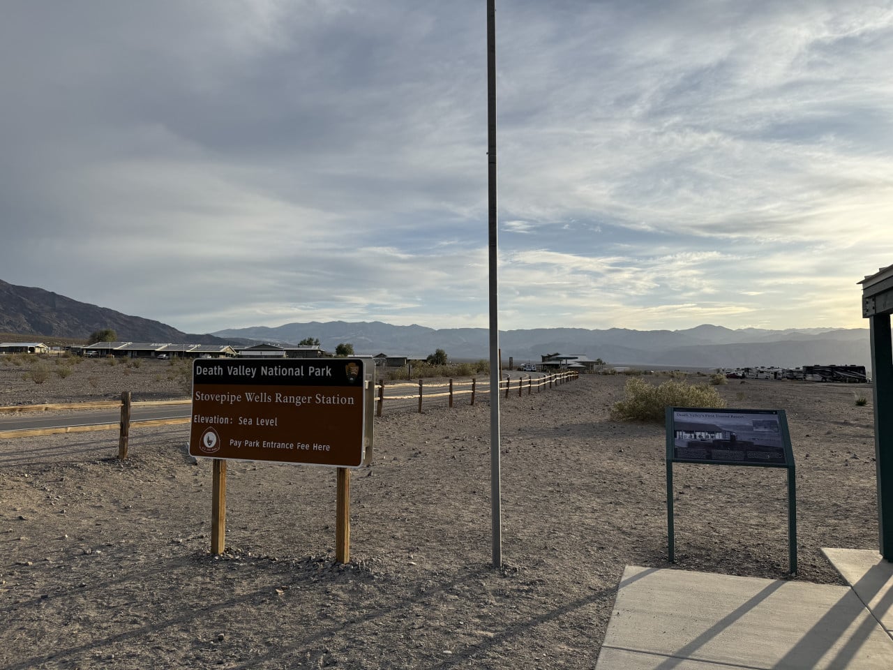 Death Valley National Park sign, Stovepipe Wells Ranger Station, lowest elevation sea level