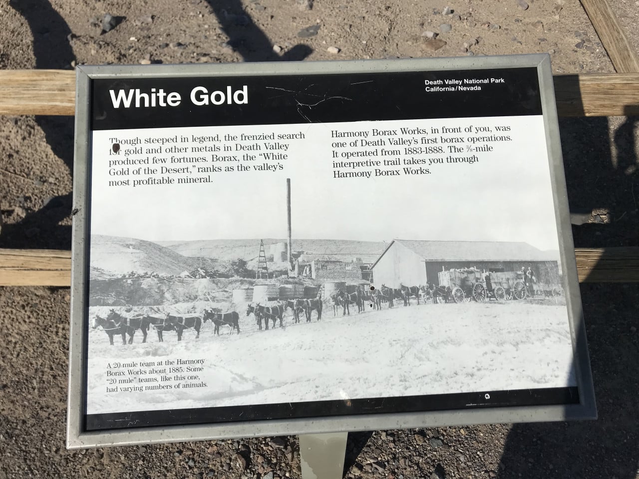 Informační cedule White Gold v Death Valley National Park s historickou fotografií mule teamu