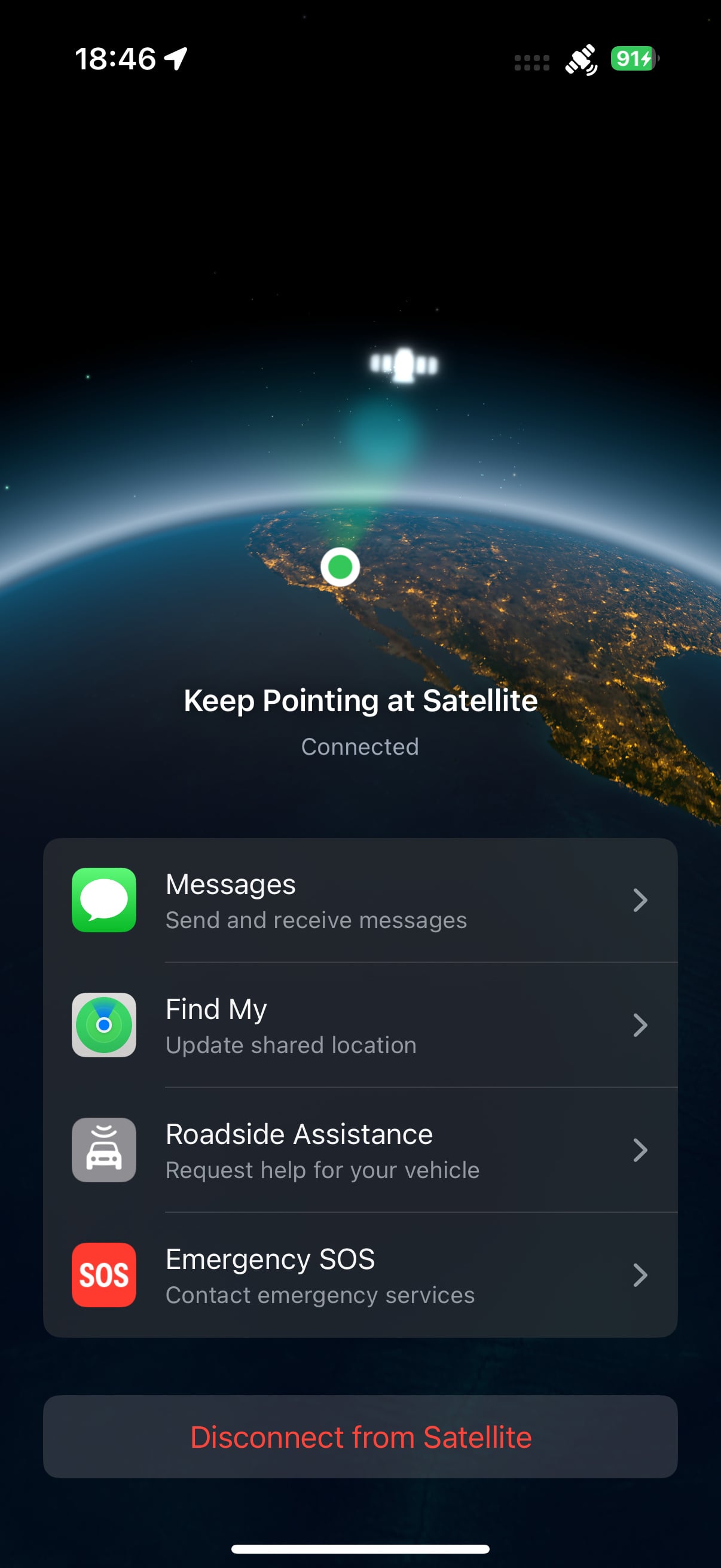 iPhone screen showing satellite connection menu over Earth from space, with Messages and SOS options