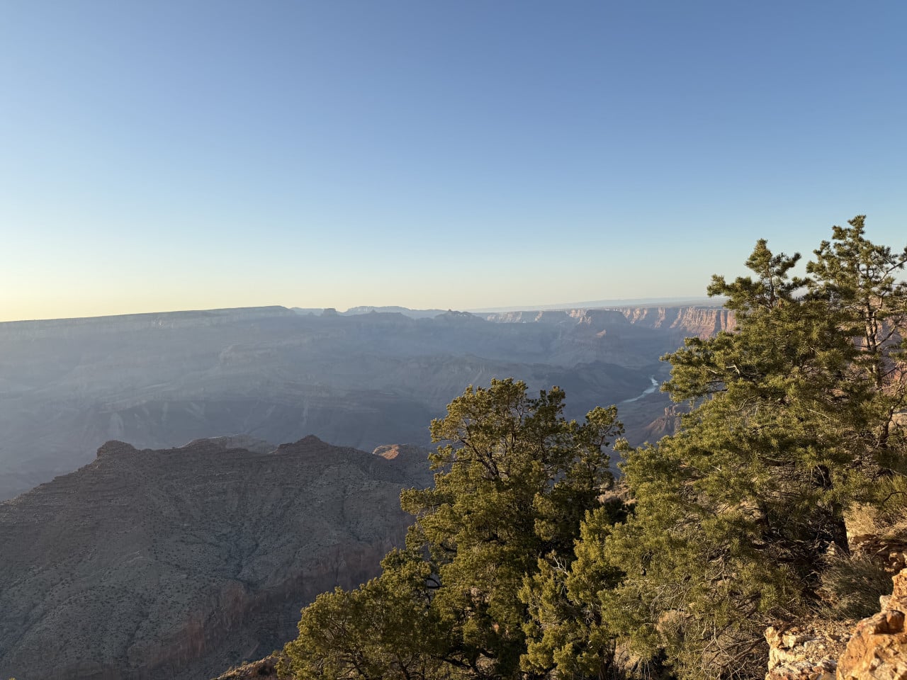 Západ slunce nad Grand Canyonem s borovicemi na okraji propasti
