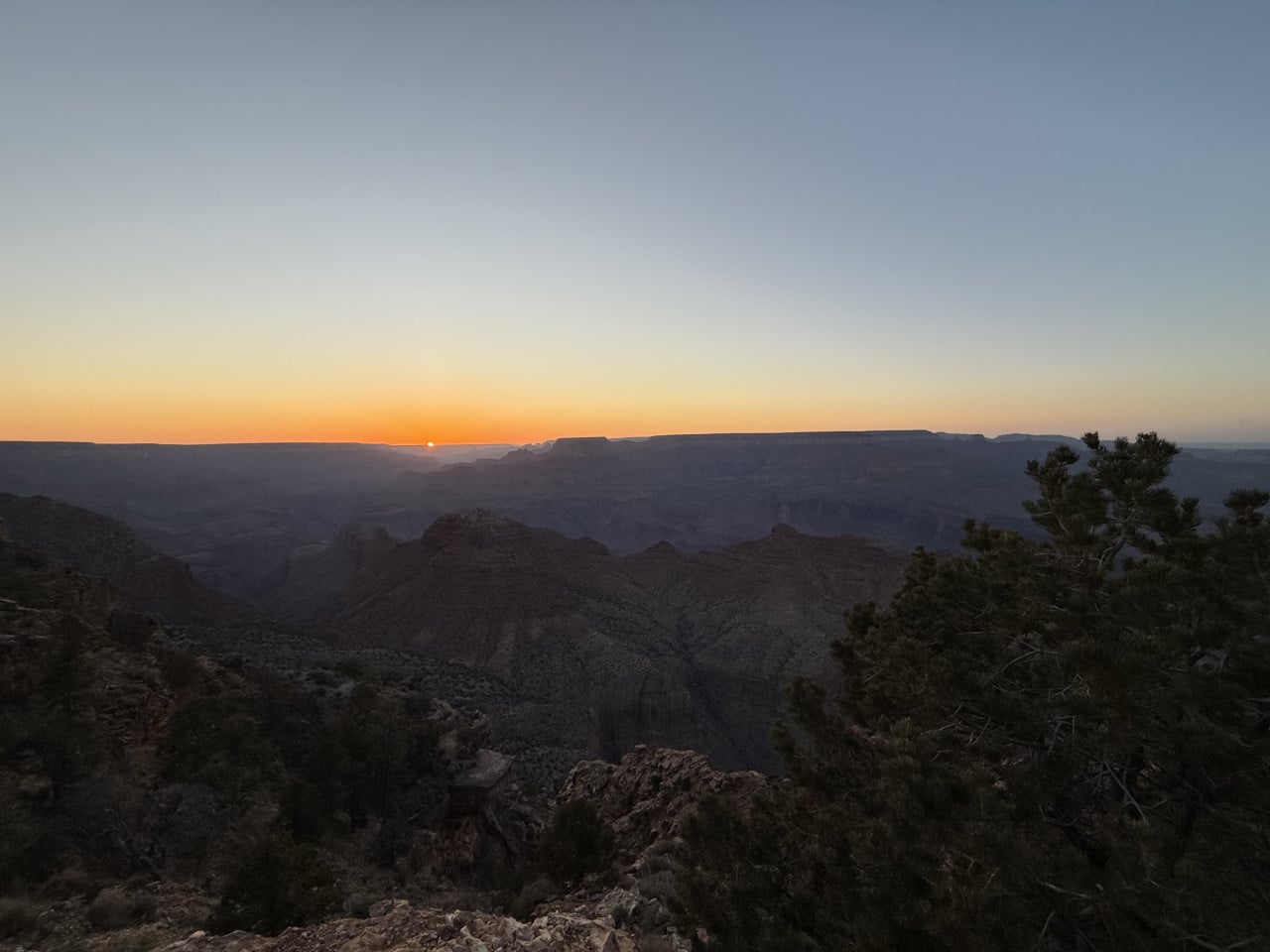 Západ slunce nad Grand Canyonem s tmavými skalami a stromem v popředí