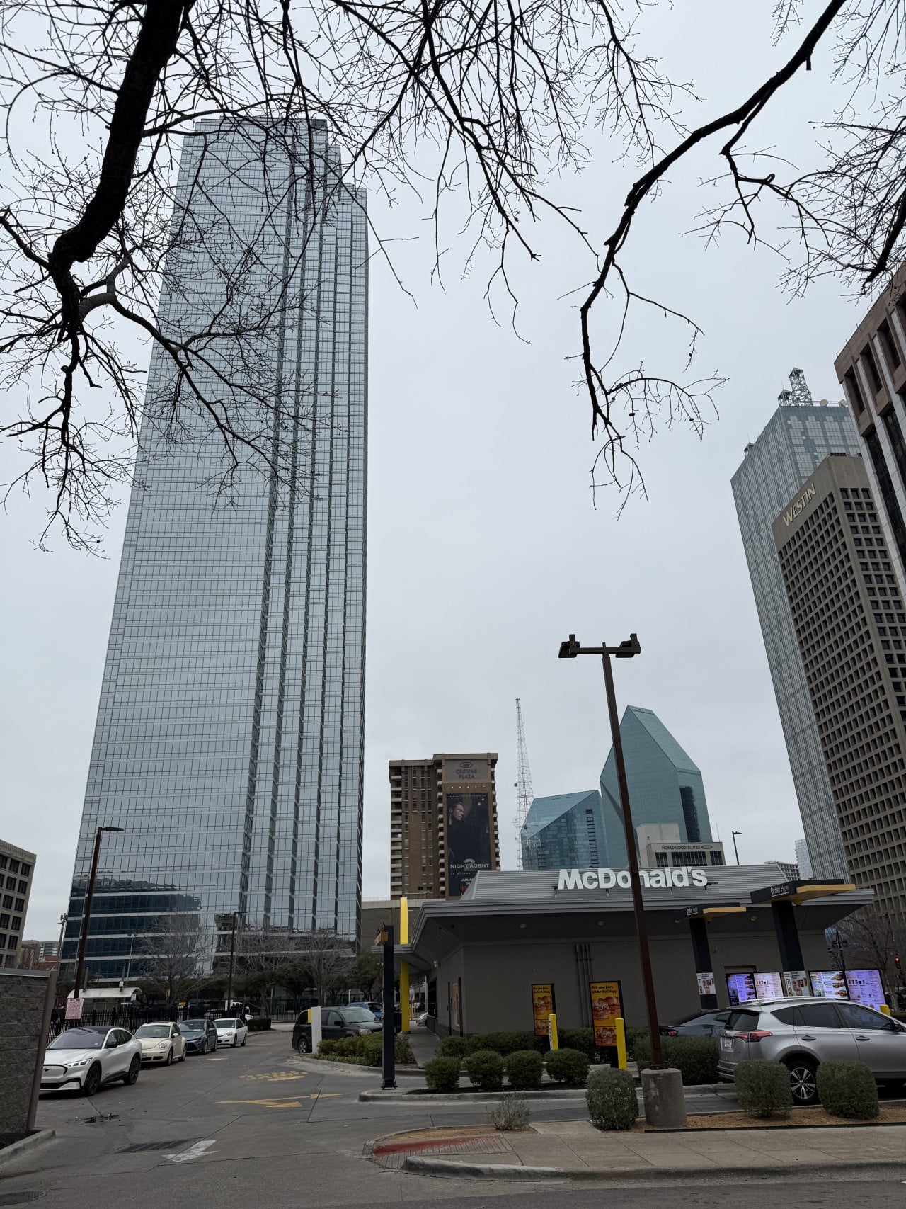Mrakodrapy downtown Dallas, budova WESTIN a restaurace McDonald’s u silnice, holé větve.