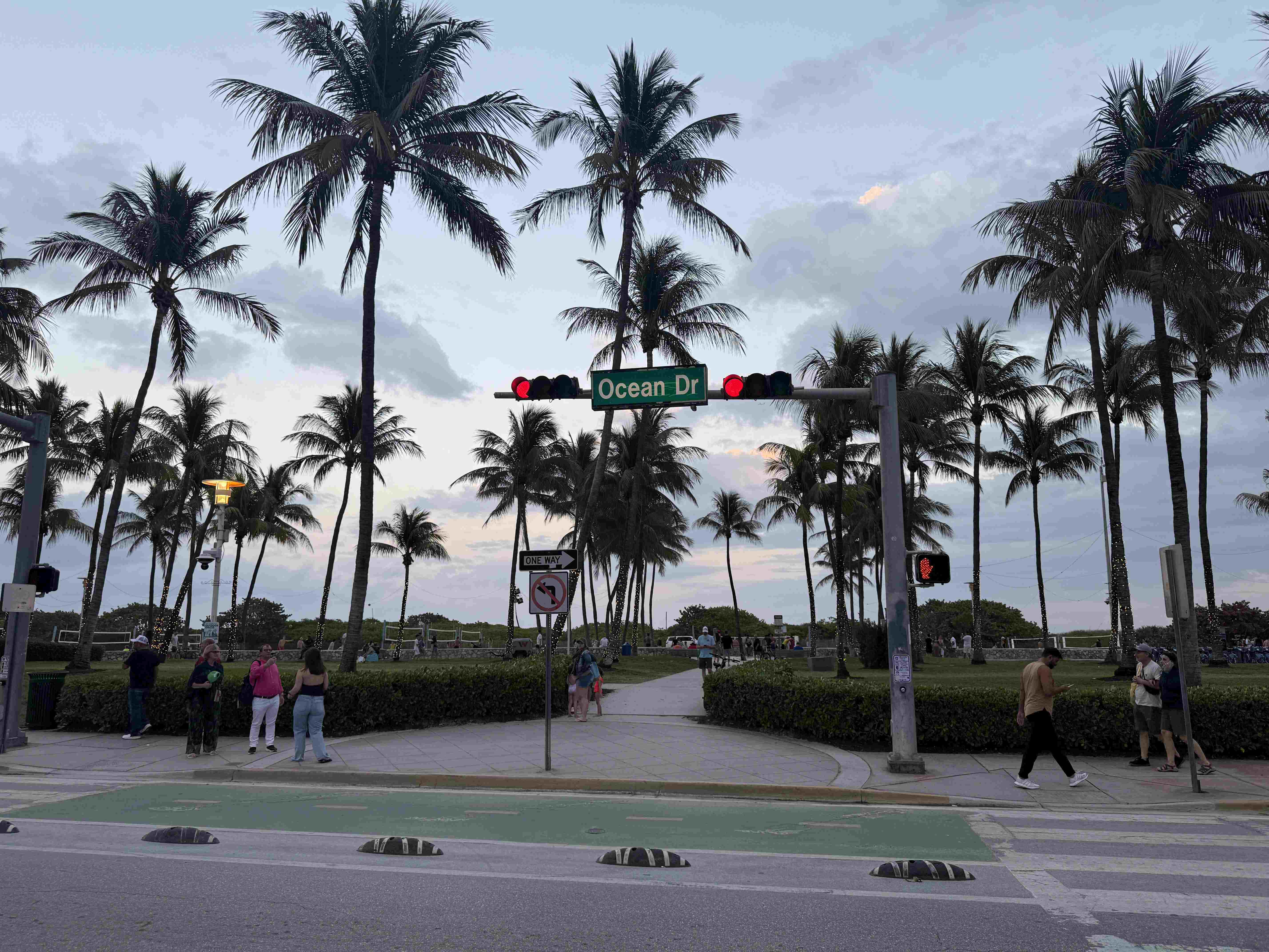 Palmy u křižovatky se semaforem a cedulí Ocean Dr v Miami Beach