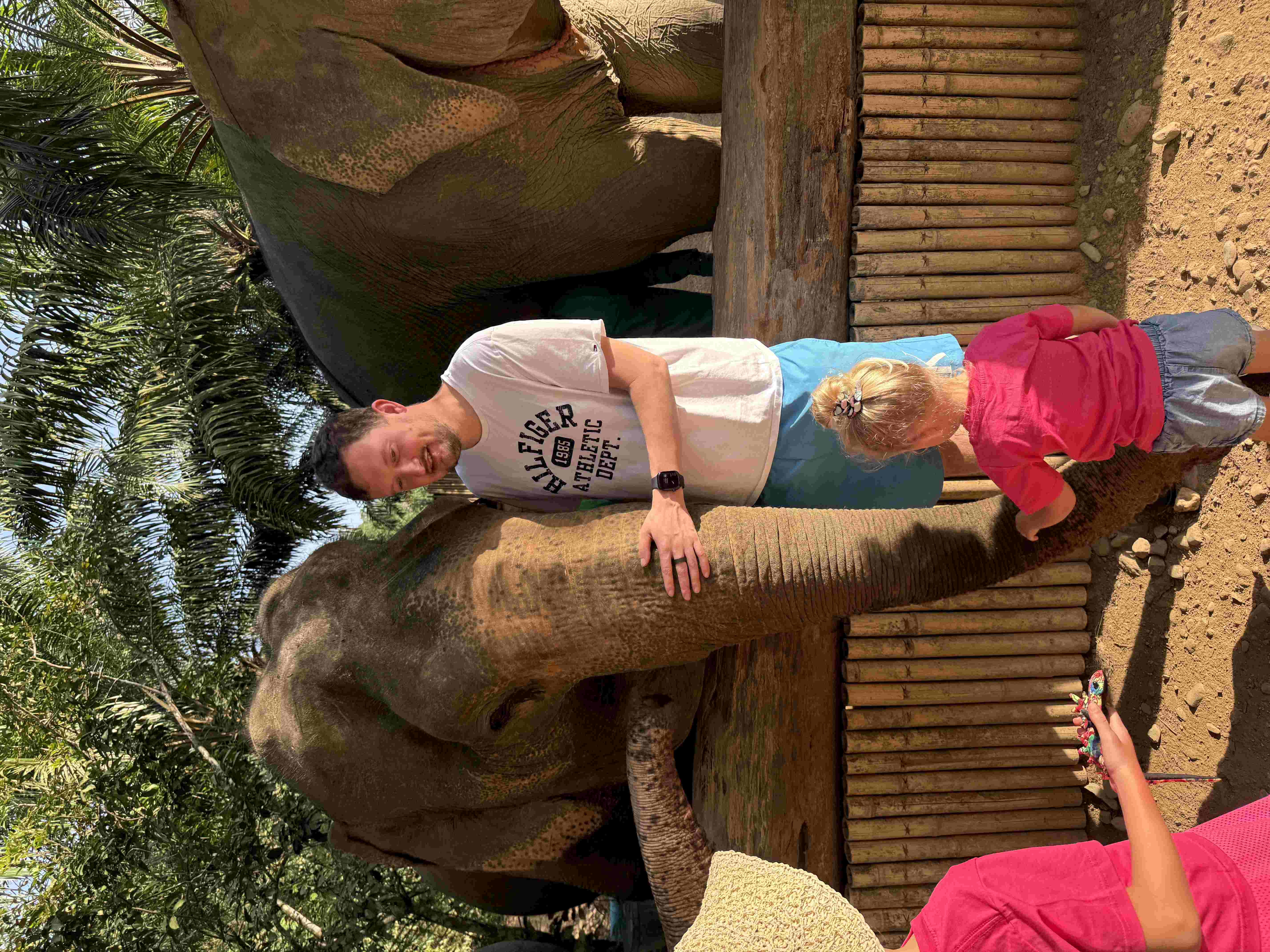 Muž hladí slona, dítě se dotýká chobotu; tričko HILFIGER 1985.