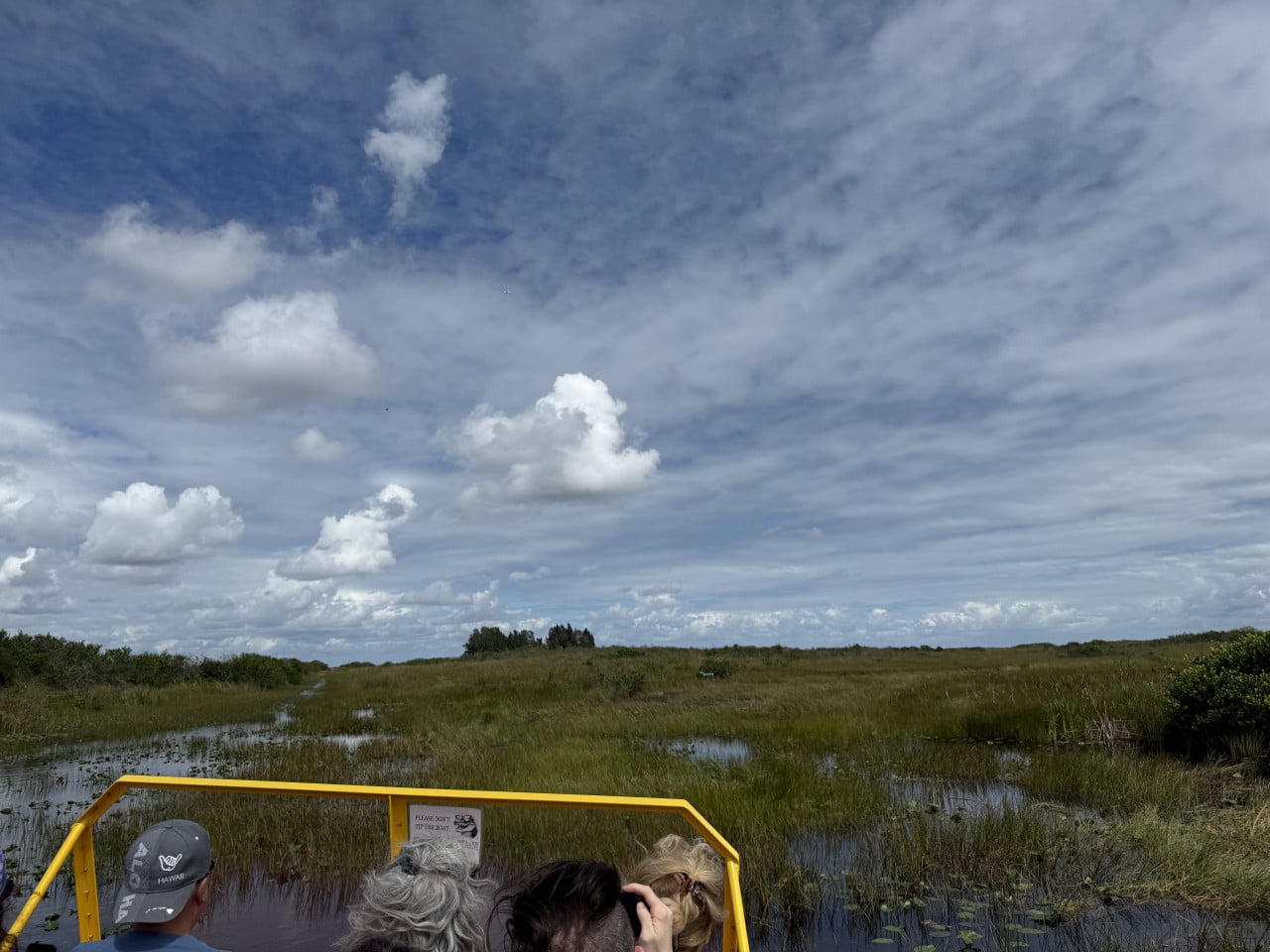 Lidé na airboatu proplouvají travnatými mokřady Everglades pod oblačnou oblohou.