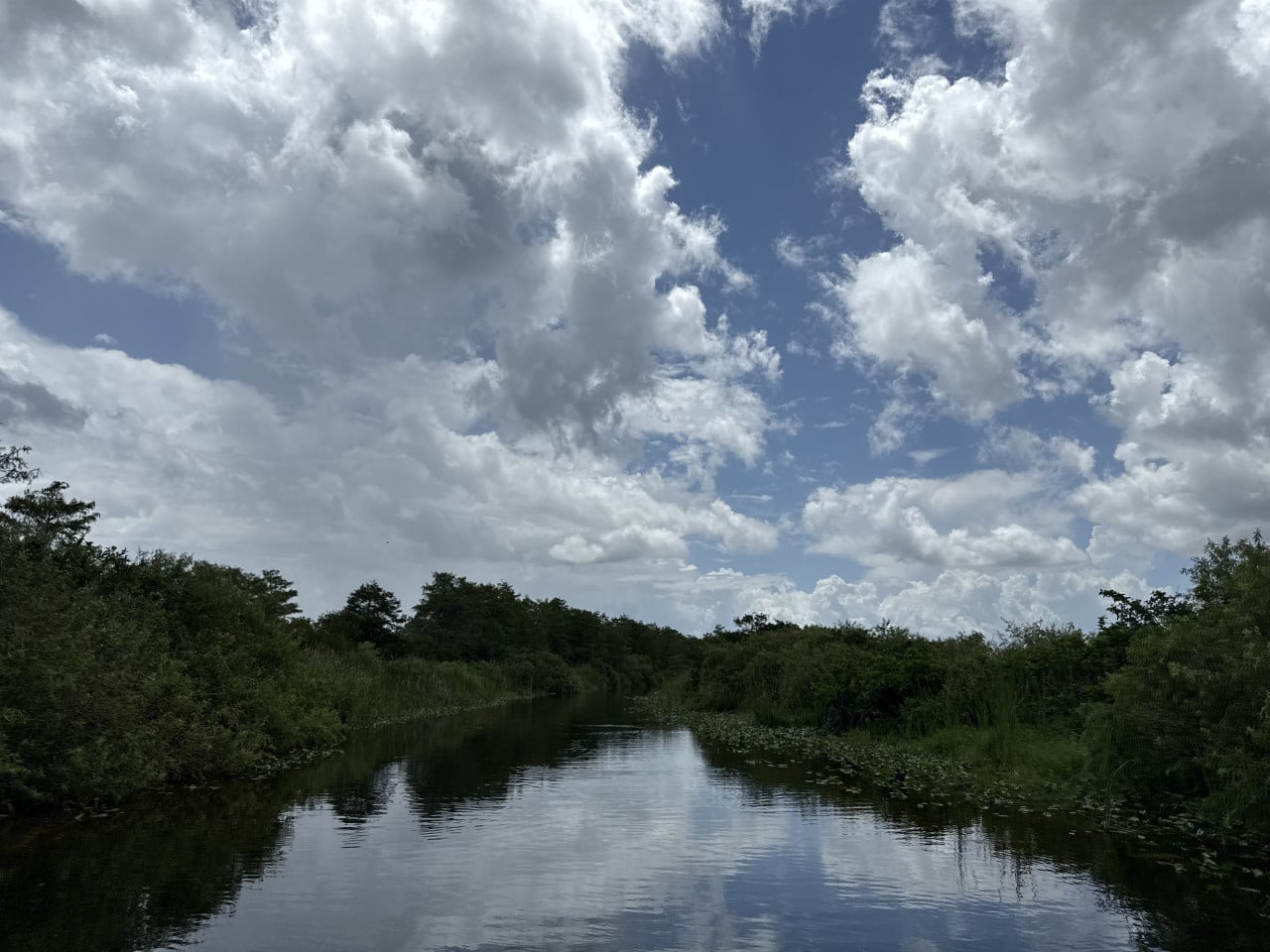 Klidný vodní kanál v Everglades pod dramaticky oblačnou oblohou