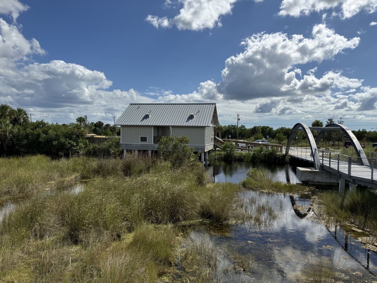 Bažinatá krajina Everglades s domkem a mostem nad vodou.