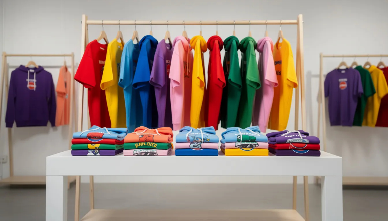 Na obrázku jsou barevné zboží, jako jsou trička a mikiny, vystavené na prodej. Tyto módní kousky, které mohou být součástí kolekce fattypillow, jsou uspořádány tak, aby přitahovaly pozornost zákazníků.