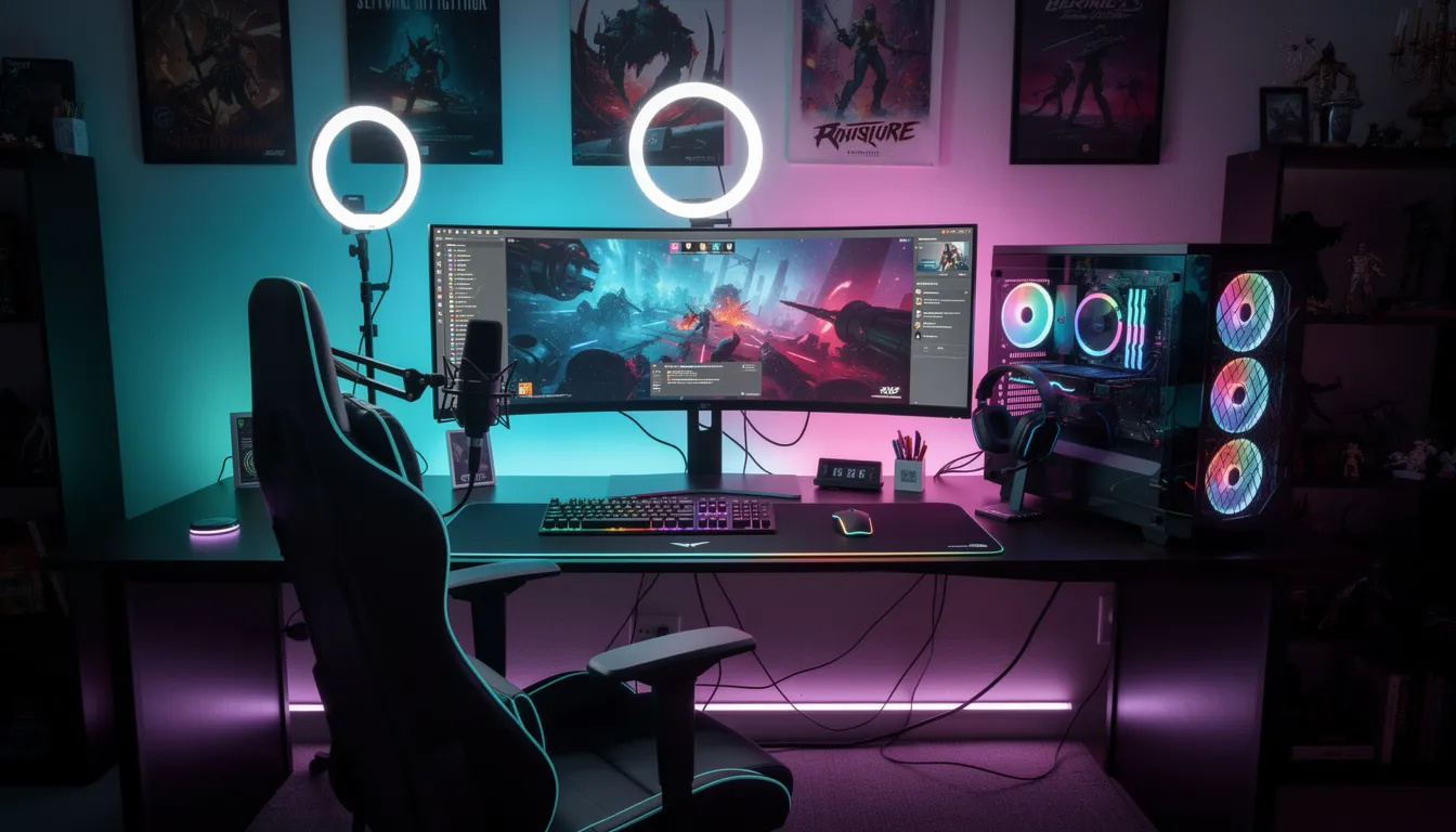 Na obrázku je herní místnost s barevnými LED světly a vybavením pro streamování. V pozadí jsou vidět různé herní zařízení a pohodlný "fatty pillow", který přispívá k příjemné atmosféře pro hraní her.