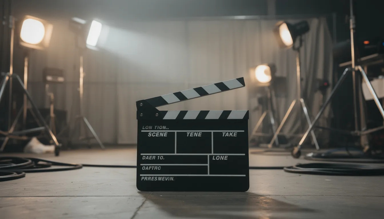 Na obrázku je filmový klapka umístěná na filmovém placu, obklopená studio světly, která osvětlují scénu. Klapka je připravena pro natáčení, což naznačuje vzrušení a očekávání, které k tomu patří.