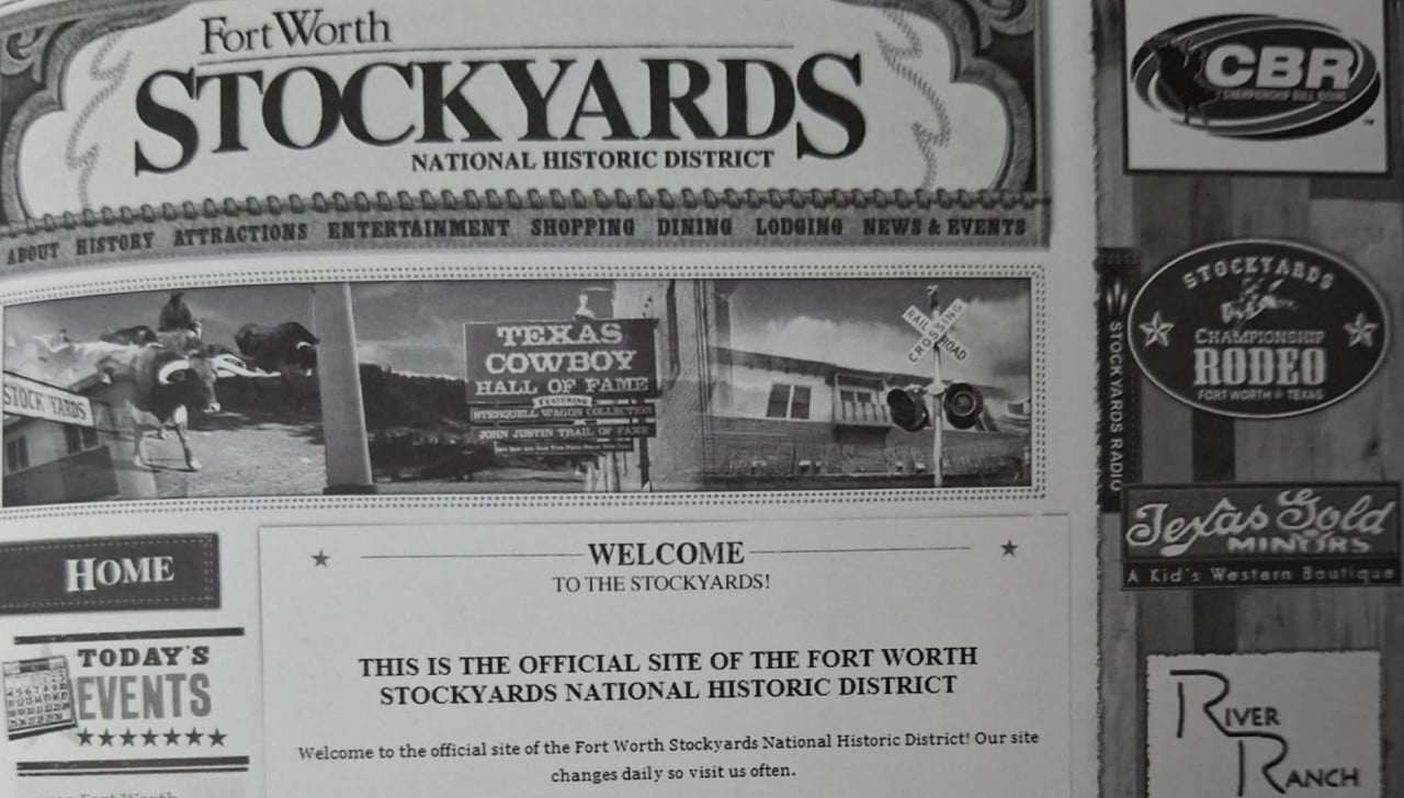 Stará podoba webovbých stránek Fort Worth Stockyards.