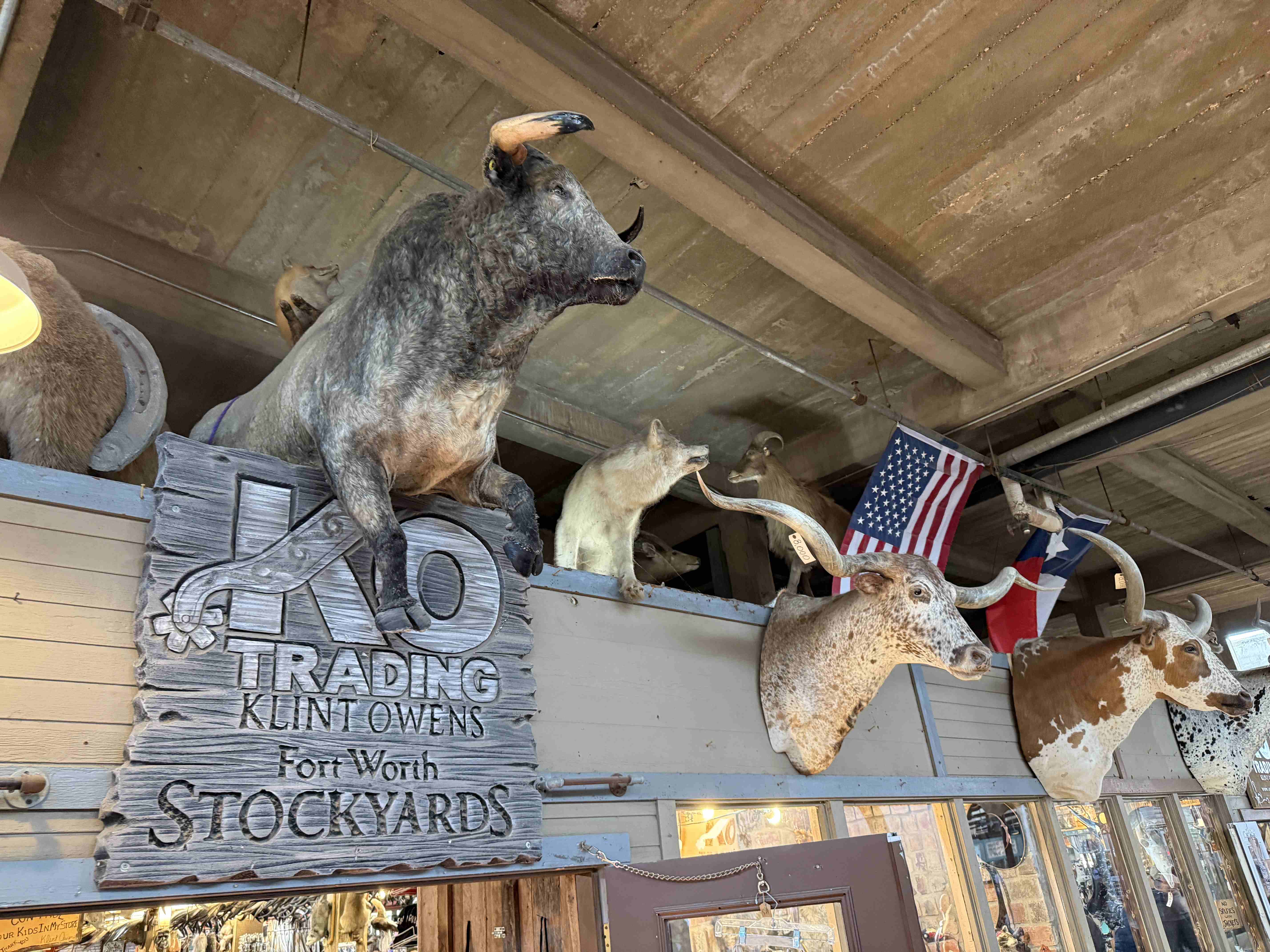 Dřevěná cedule M&O TRADING KLINT OWENS Fort Worth STOCKYARDS, longhorny a vlajky