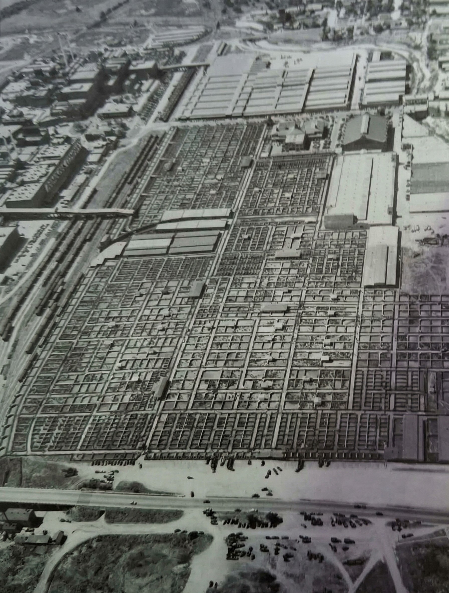 Letecká fotka ohrad směřujících k Livestock Exchange Building.