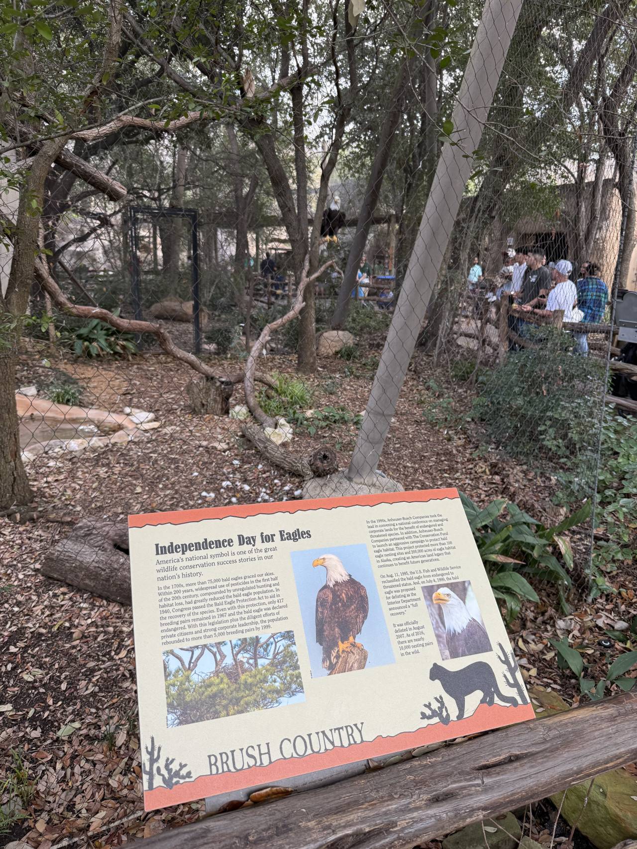 Výběh orlů s informační tabulí Brush Country ve Fort Worth Zoo