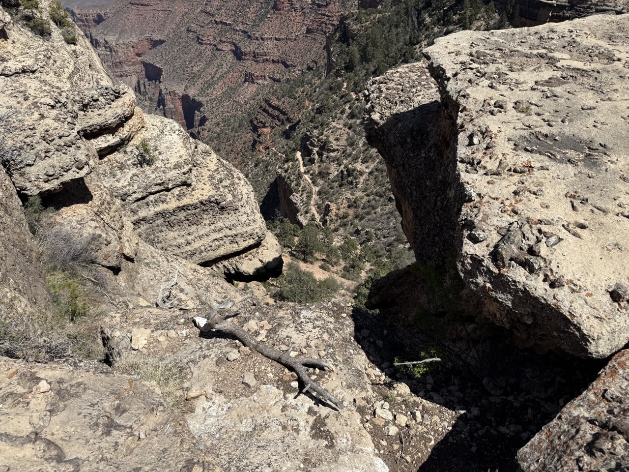Pohled na úzkou stezku mezi skalami na okraji Grand Canyonu