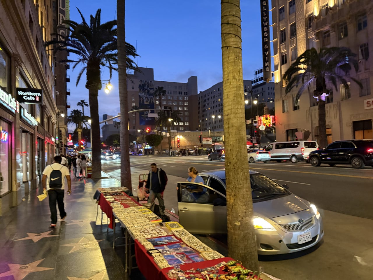 Večerní Hollywood Boulevard s palmami, obchody, stánkem se suvenýry a auty u chodníku slávy