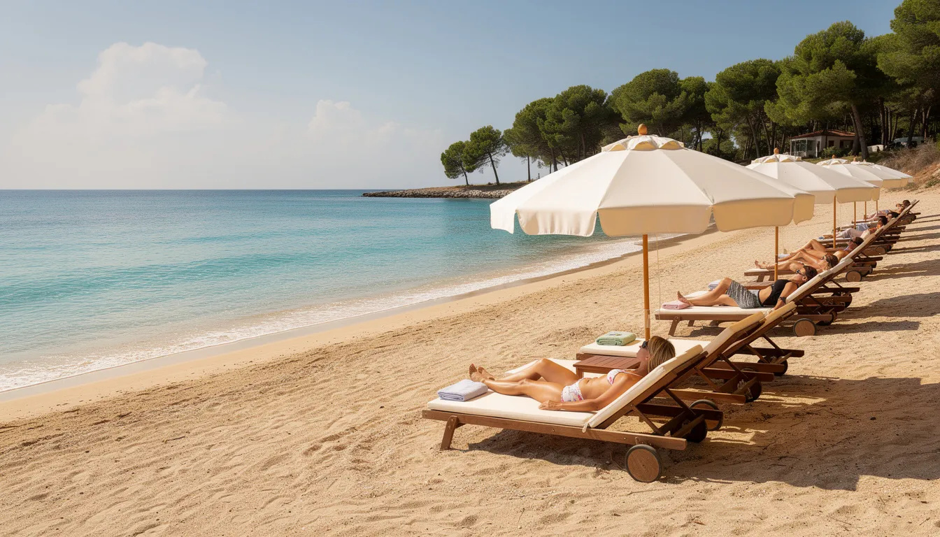 Na krásné písečné pláži s tyrkysovou vodou se nachází lehátka a slunečníky, zatímco v pozadí se tyčí pinové stromy, což vytváří ideální prostředí pro rodiny s dětmi na dovolenou na ibize.