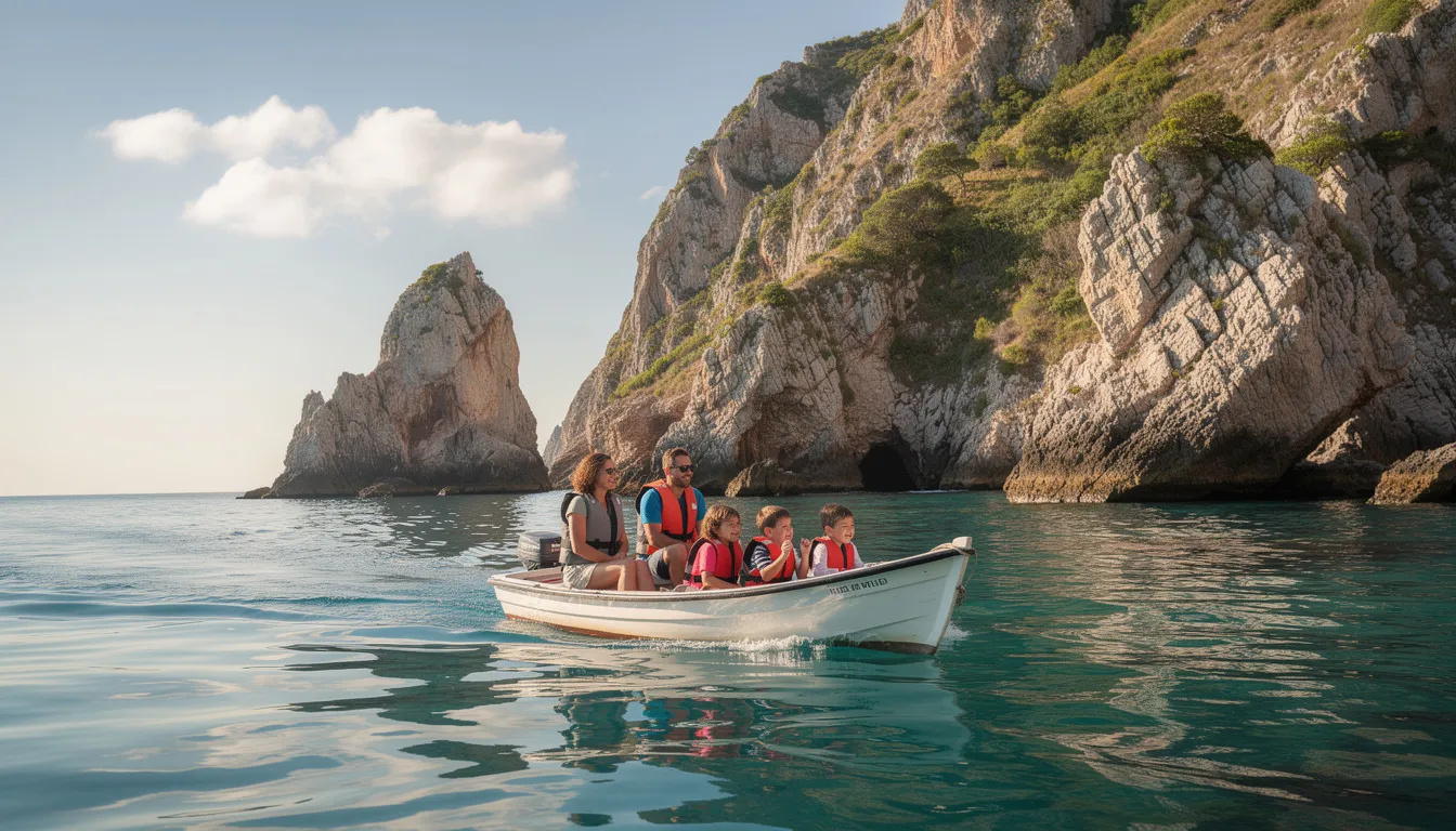 Rodina se plaví na lodi po tyrkysovém moři kolem skalnatého pobřeží na Ibize, obklopená slunným počasím a krásnými výhledy na pobřeží. Tato idylická scéna je ideální pro rodiny s dětmi, které si užívají dovolenou na tomto kouzelném ostrově.