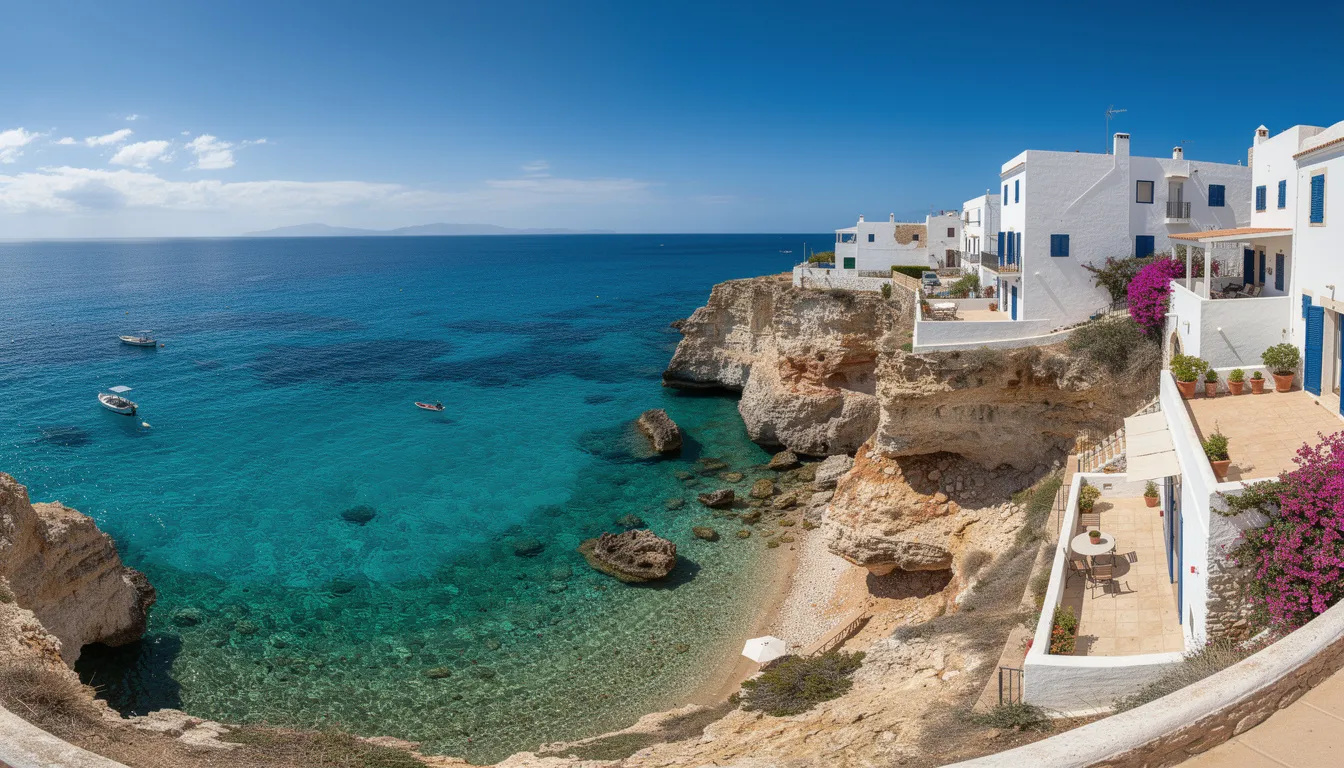 Panoramatický pohled na pobřeží Ibizy zobrazuje tyrkysovou vodu a bílé domy na útesu, které se nacházejí na ostrově. Tento obrázek zachycuje krásu pláží a přírodní scenérie, ideální pro rodiny s dětmi na dovolenou.