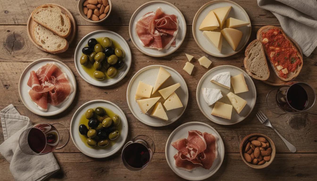 Na stole se nachází tradiční španělské tapas, včetně oliv, šunky a sýrů, což vytváří lahodnou kombinaci chutí ideální pro rodiny s dětmi, které si chtějí užít gastronomii na Ibize. Tato pokrmy jsou typické pro místní kulturu a představují skvělou volbu během dovolené na ostrově.