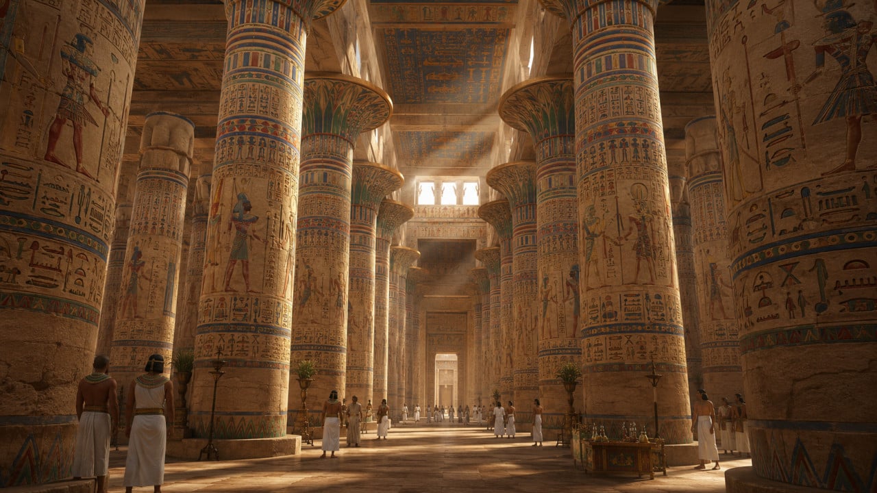 Monumentální egyptský chrám s malovanými sloupy, hieroglyfy a lidmi uvnitř.