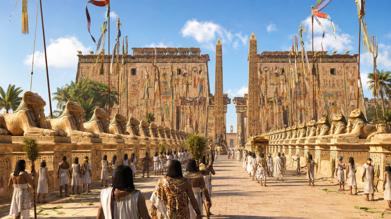 Alej sfing vedoucí ke zdobeným branám chrámu Karnak v Egyptě.